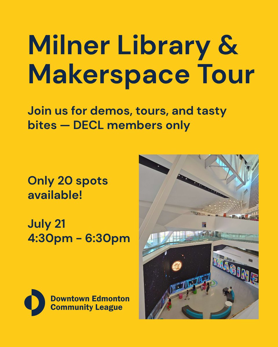 DECL Members!
Join us July 21 for an exclusive Milner Library &amp; Makerspace Tour — with demos, cool tech, and free Taste of Edmonton food tickets after! 🎟️✨

Spots are limited — grab yours now:
eventbrite.com/e/milner-libra…

#yegdt #DECL #yeglibrary #TasteofEdmonton #EdmontonEvents