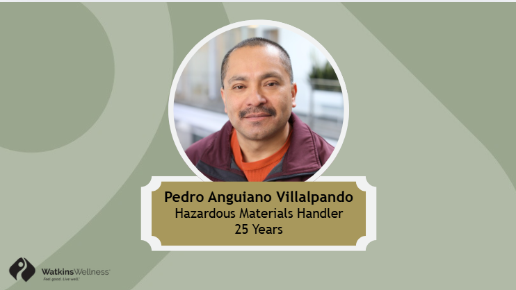 WatkinsWellness's tweet photo. Join us in celebrating Pedro Anguiano Villalpando's incredible 25th anniversary at Watkins! As a Hazardous Materials Handler, Pedro has been a vital part of our team, consistently ensuring the safe and responsible handling of materials.  Thank you, Pedro, for 25 amazing years! https://t.co/qR2Ly7oxhy