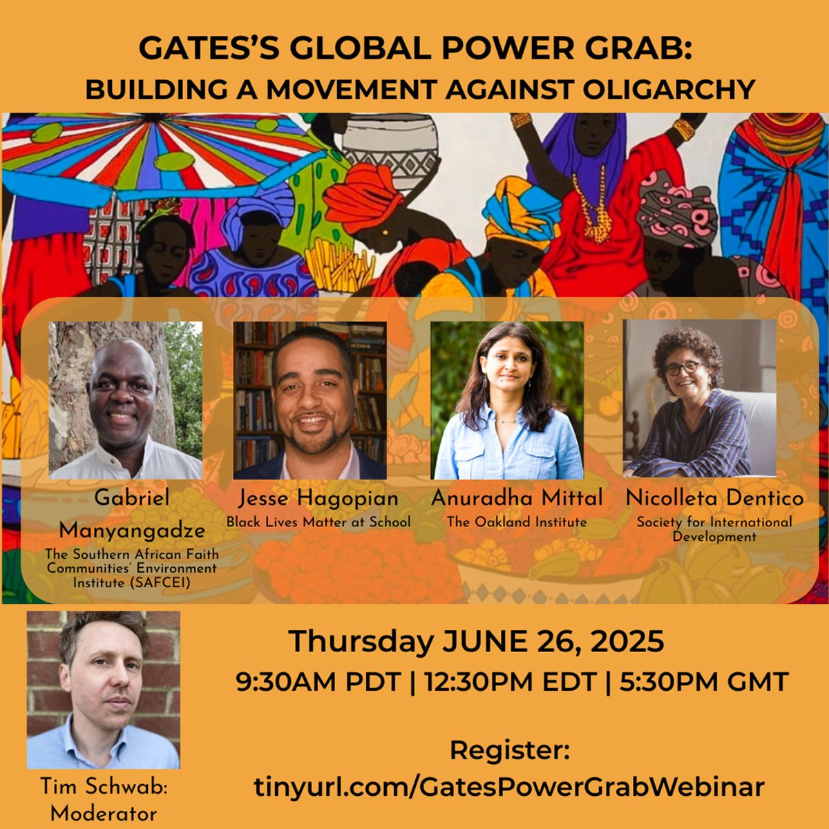 Oakland Institute (@oak_institute) on Twitter photo .<a href="/BillGates/">Bill Gates</a> Global Power Grab: Building a Movement Against Oligarchy - Join us for this webinar ft:
<a href="/TimothyWSchwab/">Tim Schwab</a>,
Gabriel Manyangadze of <a href="/SAFCEI/">Safcei</a>
Nicolleta Dentico of <a href="/SID_INT/">Society for International Development</a>
<a href="/JessedHagopian/">Jesse Hagopian</a>
<a href="/Mittaloak/">Anuradha Mittal</a>
Tech billionaires are reshaping our world. While Elon Musk grabs .<a href="/BillGates/">Bill Gates</a> Global Power Grab: Building a Movement Against Oligarchy - Join us for this webinar ft:
<a href="/TimothyWSchwab/">Tim Schwab</a>,
Gabriel Manyangadze of <a href="/SAFCEI/">Safcei</a>
Nicolleta Dentico of <a href="/SID_INT/">Society for International Development</a>
<a href="/JessedHagopian/">Jesse Hagopian</a>
<a href="/Mittaloak/">Anuradha Mittal</a>
Tech billionaires are reshaping our world. While Elon Musk grabs