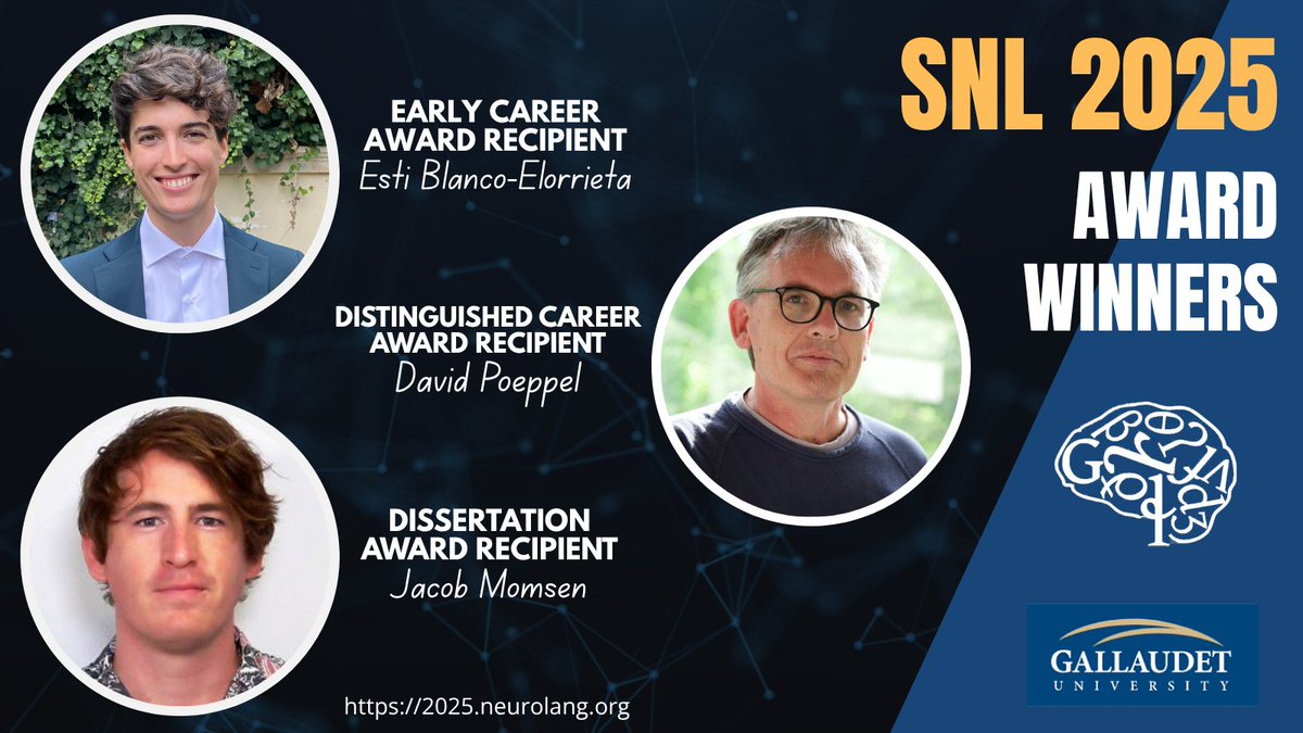Join us in congratulating our Award Recipients: Esti Blanco-Elorrieta, David Poeppel, and Jacob Momsen! 👏 #SNL2025

Learn more here: 2025.neurolang.org/awards-informa…