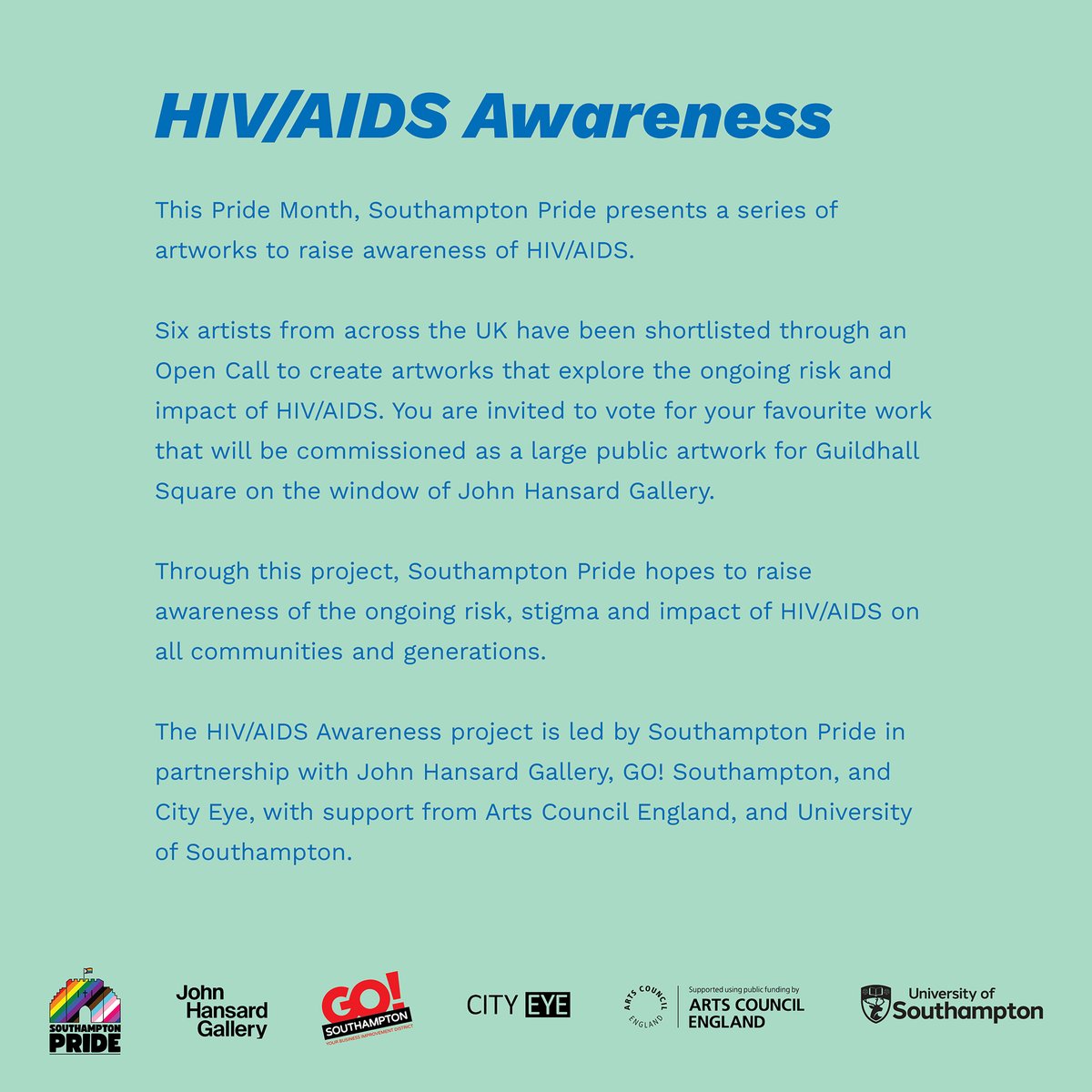 John Hansard Gallery (@jhansardgallery) on Twitter photo This #PrideMonth, <a href="/Soton_Pride/">Southampton Pride</a> presents artworks to raise awareness of HIV/AIDS 🏳️🌈 Six artists have been selected to create works that explore the impact of HIV/AIDS. You are invited to vote for your favourite work that will feature on our windows! >>> jhg.art/events/hiv-aid… This #PrideMonth, <a href="/Soton_Pride/">Southampton Pride</a> presents artworks to raise awareness of HIV/AIDS 🏳️🌈 Six artists have been selected to create works that explore the impact of HIV/AIDS. You are invited to vote for your favourite work that will feature on our windows! >>> jhg.art/events/hiv-aid…