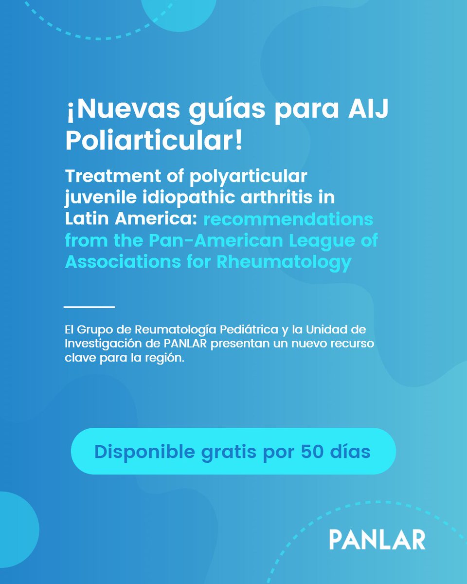 ¡Tenemos una gran noticia para la comunidad de reumatología pediátrica! 🎉 El Grupo de Reumatología Pediátrica y la Unidad de Investigación de PANLAR se complacen en anunciar la publicación de las nuevas Guías de Tratamiento en AIJ Poliarticular.

Accede a este recurso de forma