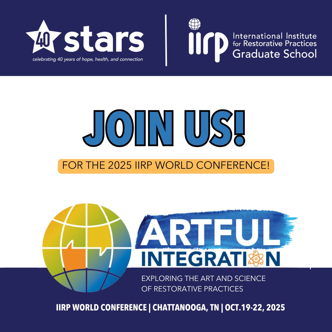 Join us for the 2025 IIRP World Conference, Artful Integration: Exploring the Art and Science of Restorative Practices! The conference will be held at the Chattanooga Convention Center on October 19-22. 

To find out more info: iirp.edu/continuing-edu…