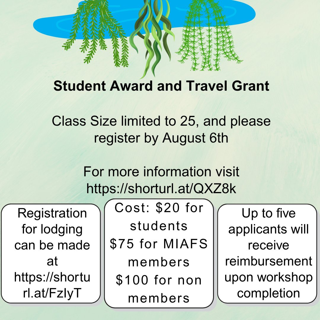 🌿 New #MIAFSWorkshop Alert! Join us Aug 13 at MSU for a hands-on #AquaticPlant ID Workshop led by experts from MSU Extension and EGLE!
🔍 Learn to ID submerged &amp; floating vegetation
📚 Includes a field guide + pizza lunch
💵 Students: $20 (5 FREE spots available!)