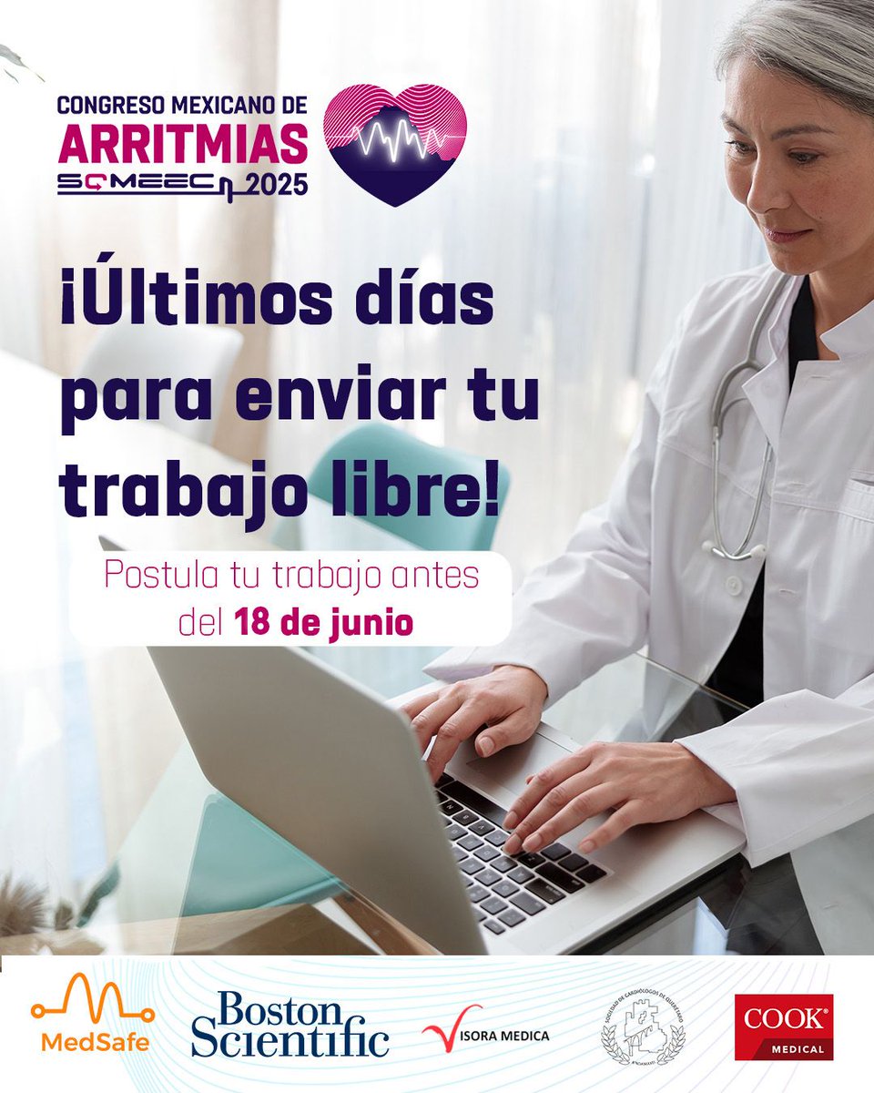 ⌛️ ¡Últimos días!
Presenta tu investigación o caso clínico en #ArritmiasMX2025 🫀
📍 Querétaro | 17–19 de agosto
🗓 Fecha límite: 18 de junio
🔗 someec.mx/trabajos_libre…

Comparte tu conocimiento y destaca en la comunidad científica.
#SOMEEC #Electrofisiología #TrabajosLibres