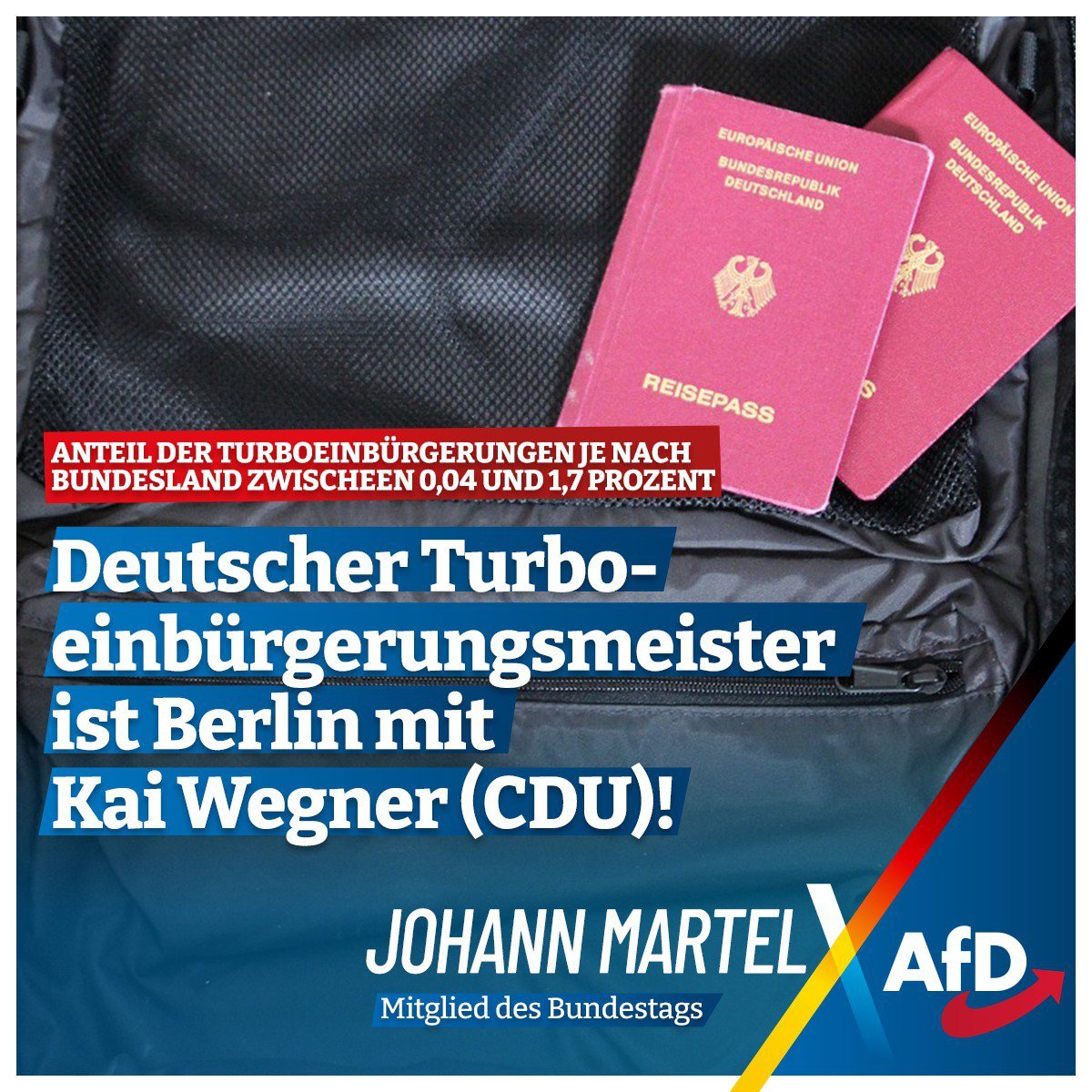 Mit deutlichem Abstand wurde im Bundesländervergleich Berlin mit Kai Wegner (CDU) deutscher Meister bei den Turboeinbürgerungen. Zwischen Juli 2024 und Ende April 2025 lag die Zahl der in Berlin im Schnellverfahren Eingebürgerten bei 500, was ein unangefochtener Spitzenwert ist.