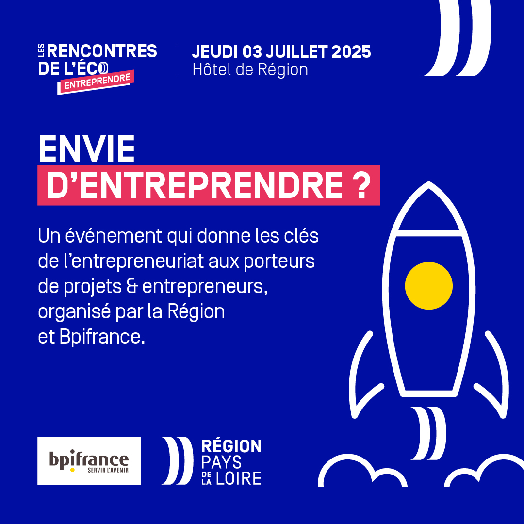 🚀 Vous êtes entrepreneur ou porteur de projet en Pays de la Loire ? Vous avez des questions sur le financement, l'accompagnement, la création ou la reprise d’entreprise ? ⤵️

Rendez-vous le 3 juillet à l’événement « Envie d’entreprendre ».👉 100 % gratuit, cet événement organisé