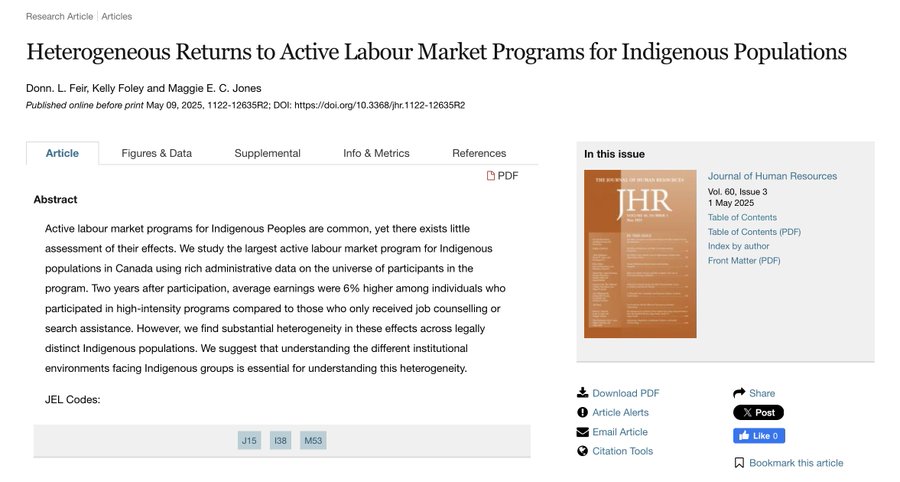 J_HumanResource's tweet image. In a study of Canada's ASETS, @DonnFeir, Kelly Foley, and Maggie Jones find large benefits for Métis & non-Status First Nations, but the effects for Status First Nations participants depend on whether they work on or off reserve. doi.org/10.3368/jhr.11…