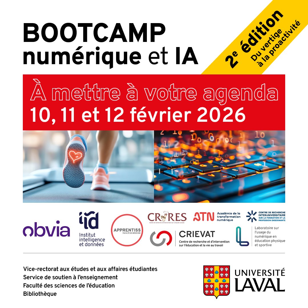 Le Bootcamp Numérique &amp; IA revient!
📅 10-12 février 2026, ULaval
Thème: Du vertige à la proactivité
Public élargi
👉 Manifestez votre intérêt dès maintenant : event.fourwaves.com/fr/db8a49e7-f9…
#BootcampNumériqueIA26