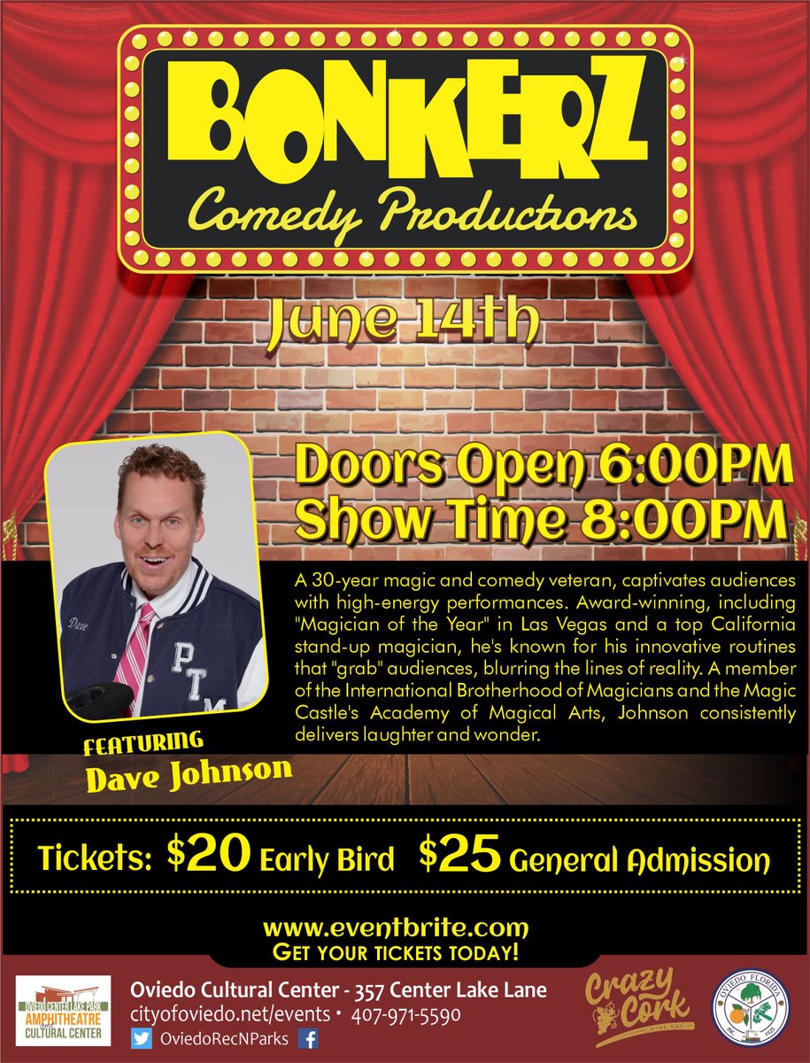 🤩Saturday! LIVE from Las Vegas! The very funny Comic / Magician Dave Johnson will take the stage at Bonkerz Comedy Series inside The Oviedo Cultural Center in Center Lake Park! 🤩 
.
Get your tickets now! eventbrite.com/e/june-14-2025…