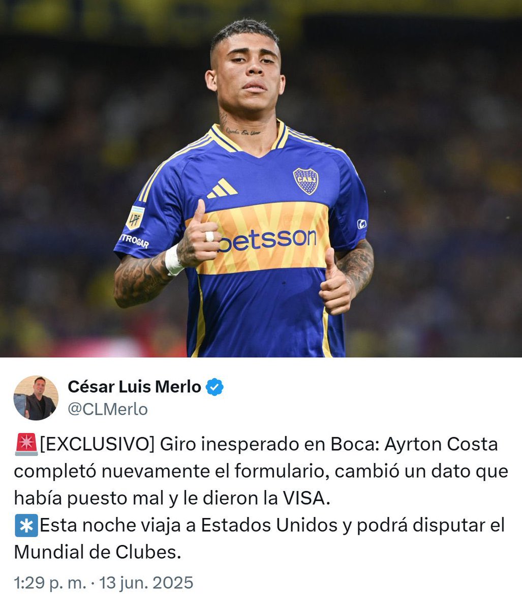 porquetendencia's tweet photo. "Ayrton Costa":
Porque informan que corrigió un dato en el formulario de la visa y podrá viajar a Estados Unidos para jugar la #FIFACWC con Boca https://t.co/eanLSOacp7