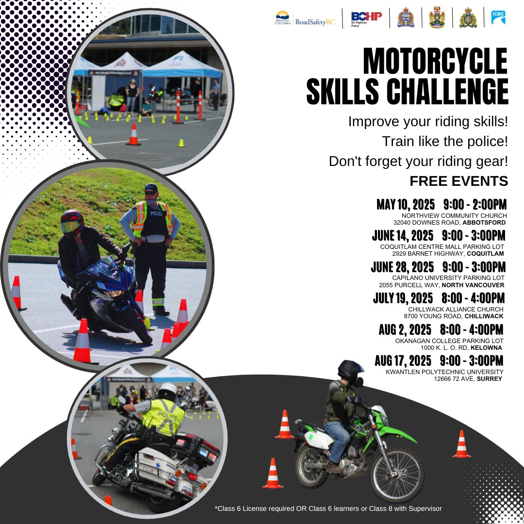 Do you want to improve your motorcycle skills? Train like the police, with police at the Tri-Cities Motorcycle Skills Challenge! 🏍️👮

#CoquitlamRCMP and @ICBC encourage motorcycle riders of all skill levels to come out and try the slow skills course focusing on sharp turns,