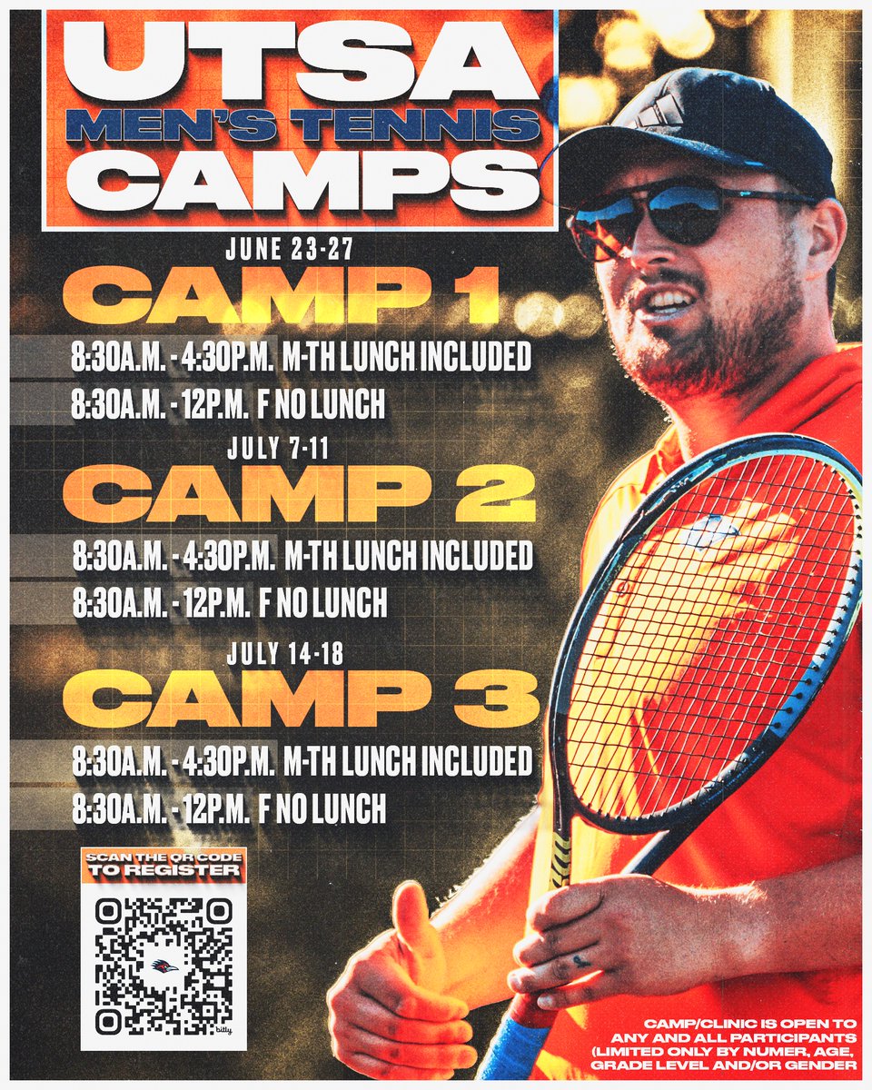UTSAMT's tweet image. Join us this summer for high-quality tennis instruction at UTSA Tennis Academy and Camps!
ℹ️ utsatennisacademy.com
#BirdsUp🤙 | #LetsGo210
