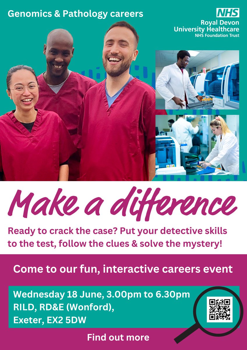 PenPathology's tweet photo. 🕵️‍♀️Become a detective at the Royal Devon!

🧬Genomics and Pathology Careers event🧪
Wednesday 18 June, 3.00pm - 6.30pm

Check out the details here: 

🔗https://t.co/N9xfA8IxVD

#HealthcareCareers #CareersEvent #Genomics #Pathology #MakeADifference https://t.co/vlv5UWzjQF