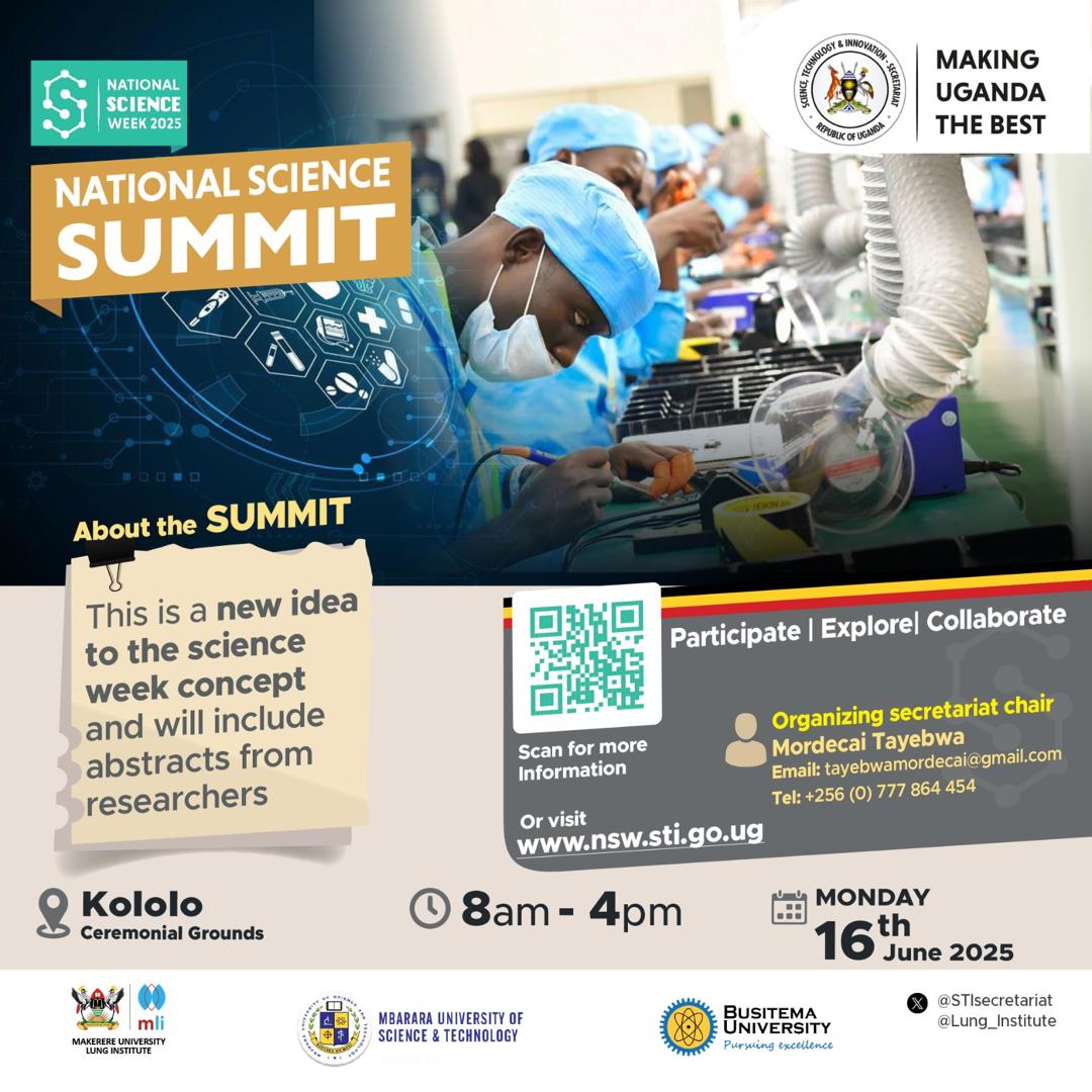Makerere University School of Medicine (@makchs_som) on Twitter photo 🚀 Join us for the National Science Summit – a fresh take on Science Week 2025!
📍 Kololo Ceremonial Grounds
🗓️ Monday, 16th June 2025
🕗 8 AM – 4 PM
🔗 Details: som.mak.ac.ug/events/nationa…
<a href="/MbararaUST/">Mbarara University</a> 🚀 Join us for the National Science Summit – a fresh take on Science Week 2025!
📍 Kololo Ceremonial Grounds
🗓️ Monday, 16th June 2025
🕗 8 AM – 4 PM
🔗 Details: som.mak.ac.ug/events/nationa…
<a href="/MbararaUST/">Mbarara University</a>
