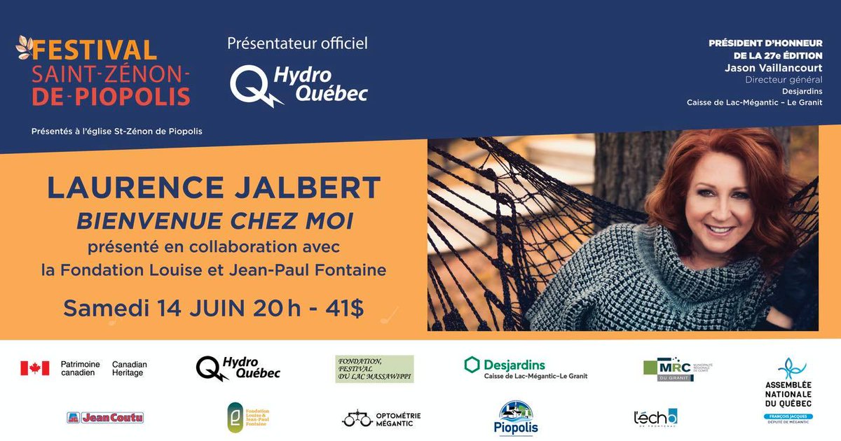 Cette fin de semaine, le 14 juin très exactement, Laurence Jalbert vous ouvre les portes de son univers avec son spectacle Bienvenue chez moi, présenté au Festival Saint-Zénon-de-Piopolis !

Il reste quelques billets : festivalpiopolis.tuxedobillet.com/.../2025061420…