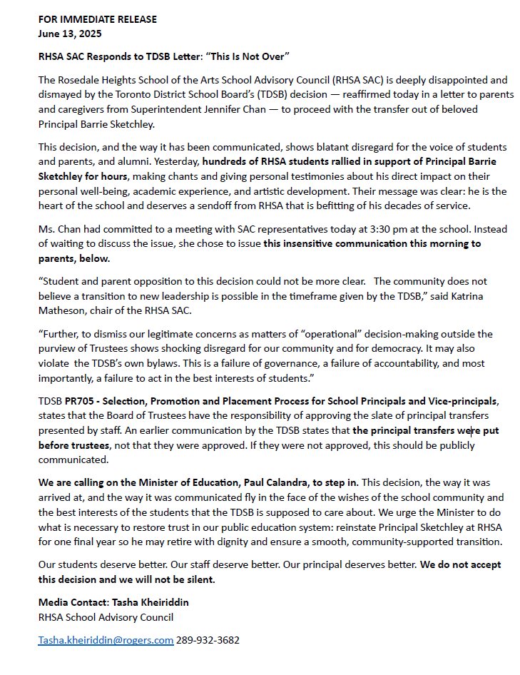 Tasha Kheiriddin ๐๐จ๐ฆ (@tashakheiriddin) on Twitter photo The Rosedale Heights School Advisory Council's response to <a href="/tdsb/">Toronto District School Board</a> decision to transfer Principal Barrie Sketchley. The <a href="/tdsb/">Toronto District School Board</a>director disregarded due process, democracy, and the @tdsb's own bylaws. <a href="/PaulCalandra/">Paul Calandra</a> this is a failure of governance and cannot stand. #SaveSketchley The Rosedale Heights School Advisory Council's response to <a href="/tdsb/">Toronto District School Board</a> decision to transfer Principal Barrie Sketchley. The <a href="/tdsb/">Toronto District School Board</a>director disregarded due process, democracy, and the @tdsb's own bylaws. <a href="/PaulCalandra/">Paul Calandra</a> this is a failure of governance and cannot stand. #SaveSketchley