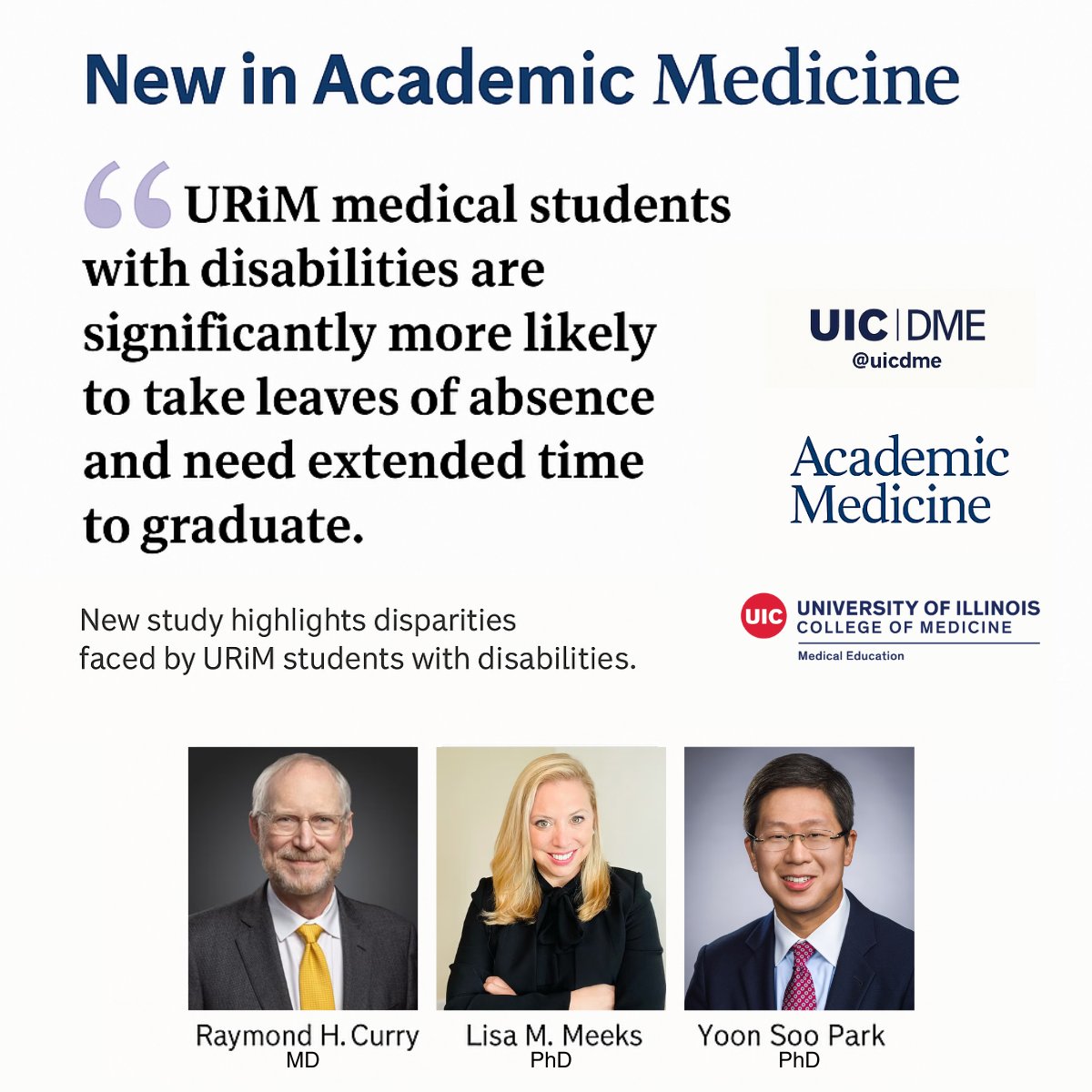 📢New Publication:

Compounded Challenges: The Impact of Race and Disability on Leave of Absence and Time to Graduation During Undergraduate Medical Education

Co-authored by UIC DME faculty Meeks, Park &amp; Curry.

🔗 tinyurl.com/URiM-Disabilit…
#EquityInMedicine #DisabilityInclusion
