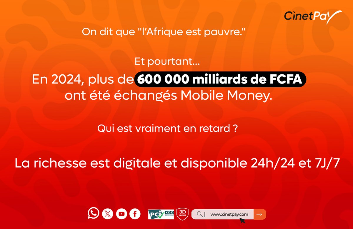 💬 "L’Afrique est pauvre."
C’est ce qu’on entend encore trop souvent.

Et pourtant...

📲 En 2024, les Africains ont échangé plus de 600 000 milliards de FCFA via Mobile Money.
Oui, 600 000 milliards.

📩 Envie d’en parler ? Contactez-nous.   bit.ly/4jesWBh