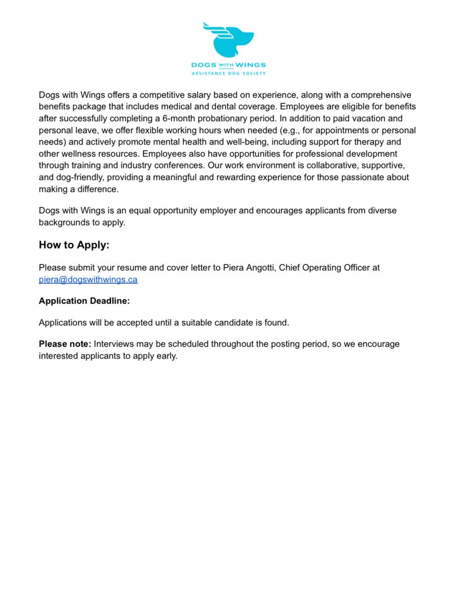 Dogs with Wings (@dogs_with_wings) on Twitter photo We’re hiring a Director of Canine Operations! To apply, send your resume to: piera@dogswithwings.ca 🩵
You can learn more at: dogswithwings.ca/about-us/emplo…
#DogsWithWings #AssistanceDogs #Hiring #HiringYEG #HiringEdmonton #EdmontonJobs #YEGJobs We’re hiring a Director of Canine Operations! To apply, send your resume to: piera@dogswithwings.ca 🩵
You can learn more at: dogswithwings.ca/about-us/emplo…
#DogsWithWings #AssistanceDogs #Hiring #HiringYEG #HiringEdmonton #EdmontonJobs #YEGJobs