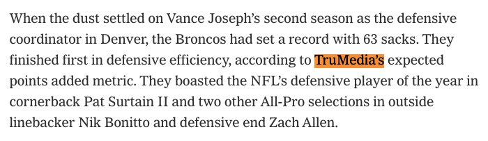 TruMedia (@trumediasports) on Twitter photo The Denver Broncos were #1 in defensive efficiency in 2024. <a href="/NickKosmider/">Nick Kosmider</a> looks at the offseason additions to the defense and how Vance Joseph is looking to “start over”.
nytimes.com/athletic/64200… The Denver Broncos were #1 in defensive efficiency in 2024. <a href="/NickKosmider/">Nick Kosmider</a> looks at the offseason additions to the defense and how Vance Joseph is looking to “start over”.
nytimes.com/athletic/64200…