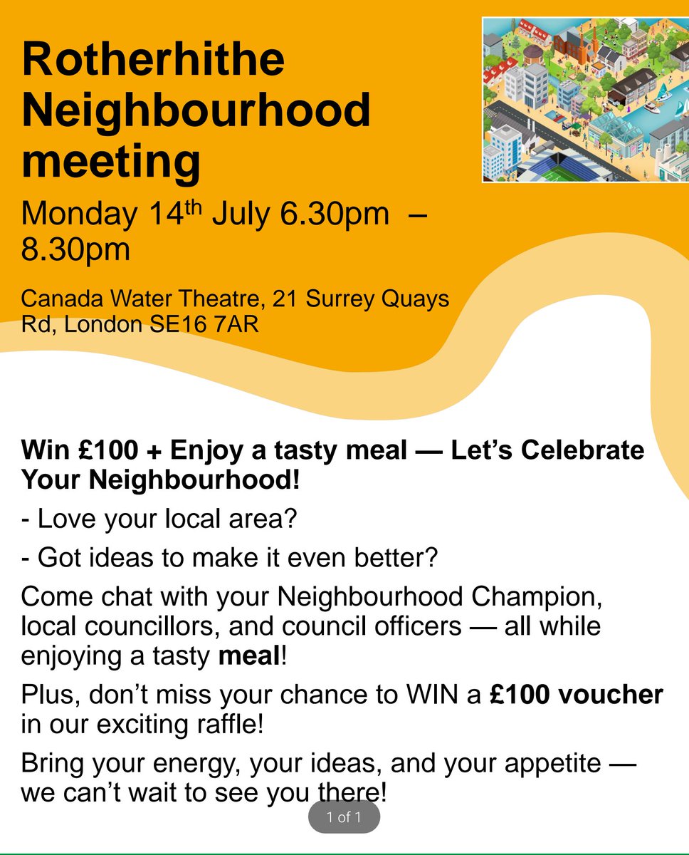 Rotherhithe Connections - People & Place (@irotherhithe) on Twitter photo Monday 14 July 6.30 -8.30pm
Canada Water Theatre #SE16 7AR
<a href="/lb_southwark/">Southwark Council</a> want to co-design a community plan supporting empowered local decision making,strengthen neighbourhood identity & embed resident voices in the future
Register your attendance here ⬇️
eventbrite.co.uk/e/rotherhithe-… Monday 14 July 6.30 -8.30pm
Canada Water Theatre #SE16 7AR
<a href="/lb_southwark/">Southwark Council</a> want to co-design a community plan supporting empowered local decision making,strengthen neighbourhood identity & embed resident voices in the future
Register your attendance here ⬇️
eventbrite.co.uk/e/rotherhithe-…