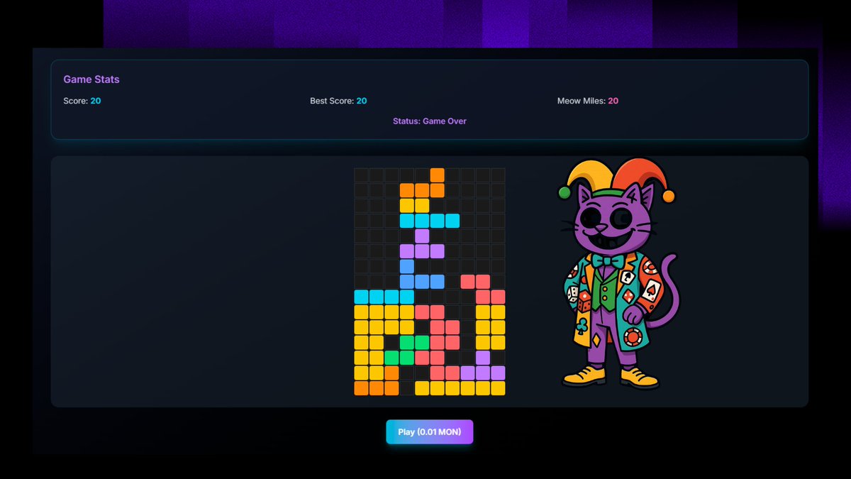 CatCentsio's tweet image. This game is even more fun,  we played it first with the team before launch and had a blast together!

Tetris Reborn is now live on monad Testnet 🎮
catcents.io/dashboard/game…
Play the game, increase your activity on the playground, and earn Meowmiles.

💥 Like, RT, and drop your…