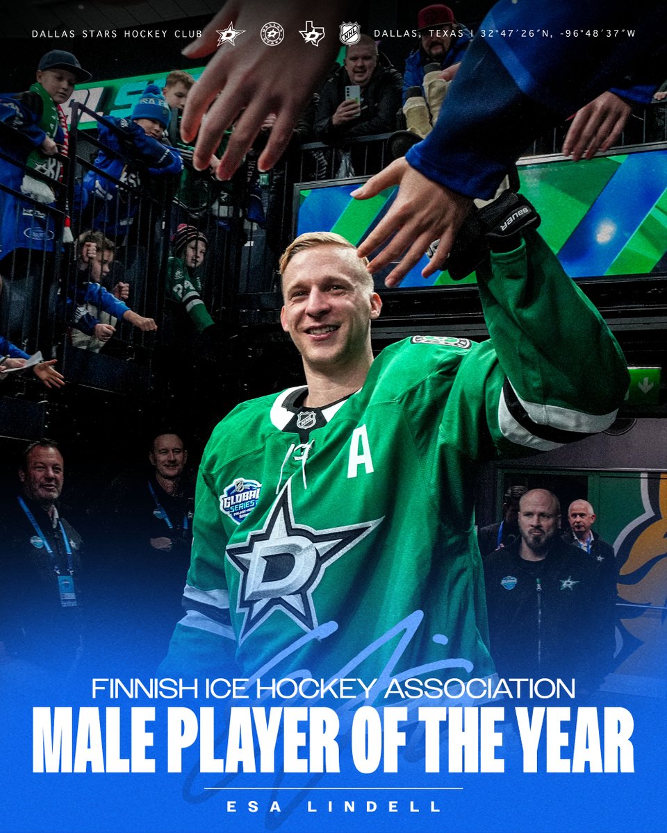 X - Dallas Stars (@dallasstars) on Twitter photo Esa Lindell: <a href="/leijonat/">Leijonat.fi</a> Male Player of the Year 🏒🇫🇮
Congrats, Esa! 🤩 Esa Lindell: <a href="/leijonat/">Leijonat.fi</a> Male Player of the Year 🏒🇫🇮
Congrats, Esa! 🤩