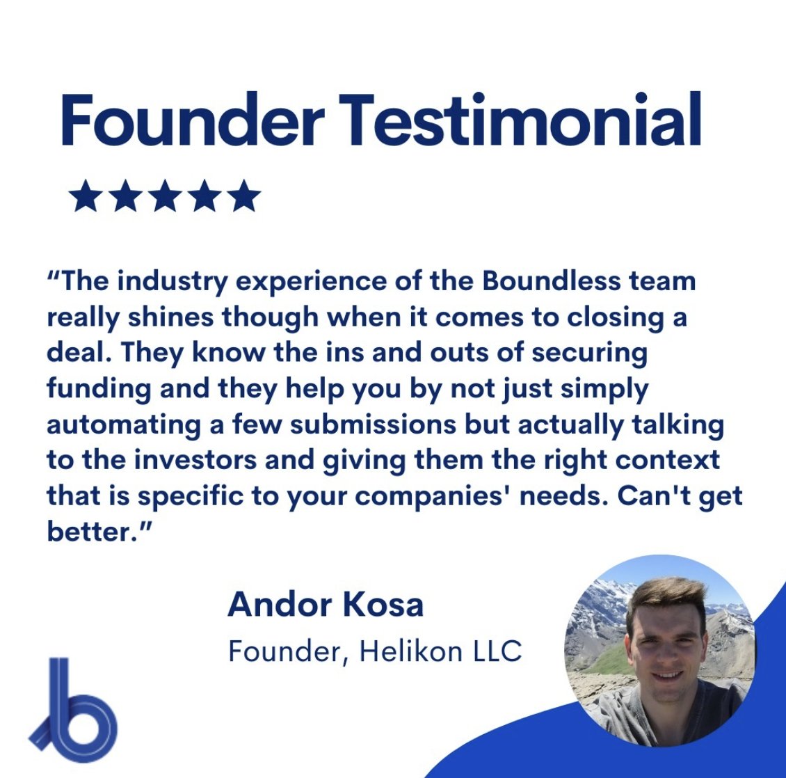 getboundlessai's tweet image. Andor says it best—our industry expertise and personalized approach make all the difference. At Boundless, we go beyond the basics to connect you with investors and secure funding tailored to your needs.

#ClientLove #BusinessGrowth #BoundlessAI #funding #investor #founder