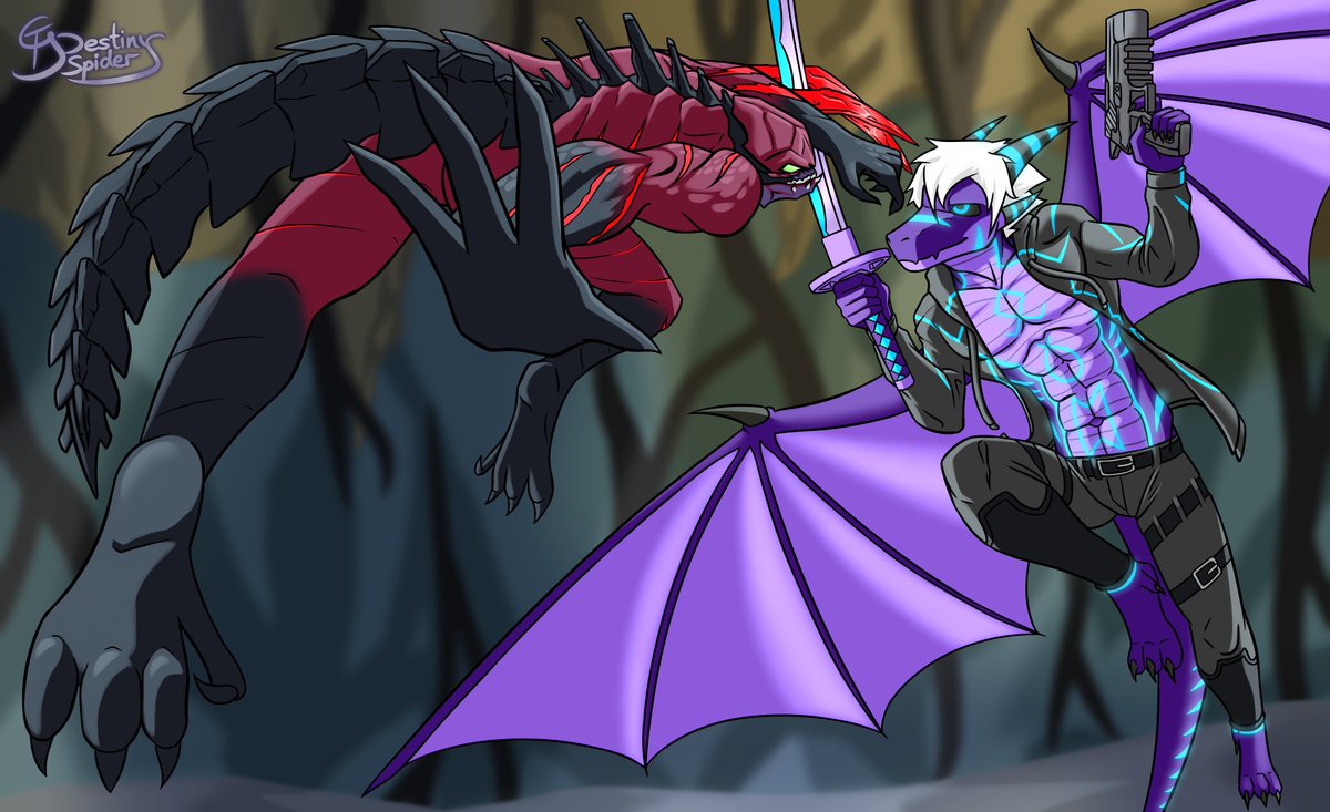 CTDestinySpider's tweet image. Commission for @Griffonki2 of his character fighting a Fury from the hit game DMC5.
My foreshortening still needs work, but I'd say it's getting better?
What I am really happy with tho is using both their tails to get a super clear line of action going all across the image
#art