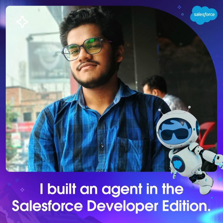 Kings_Mon's tweet photo. I built an agent in the Salesforce Developer Edition! 🎉
Complete the Developer Edition Quest to build yours today and showcase your new skills with a custom photo. 🤖
Start learning: https://t.co/7v6gg2T02z
#SFGiveaway #BuiltWithAgentforce 
@SalesforceDevs @salesforce https://t.co/o4aMVambuD