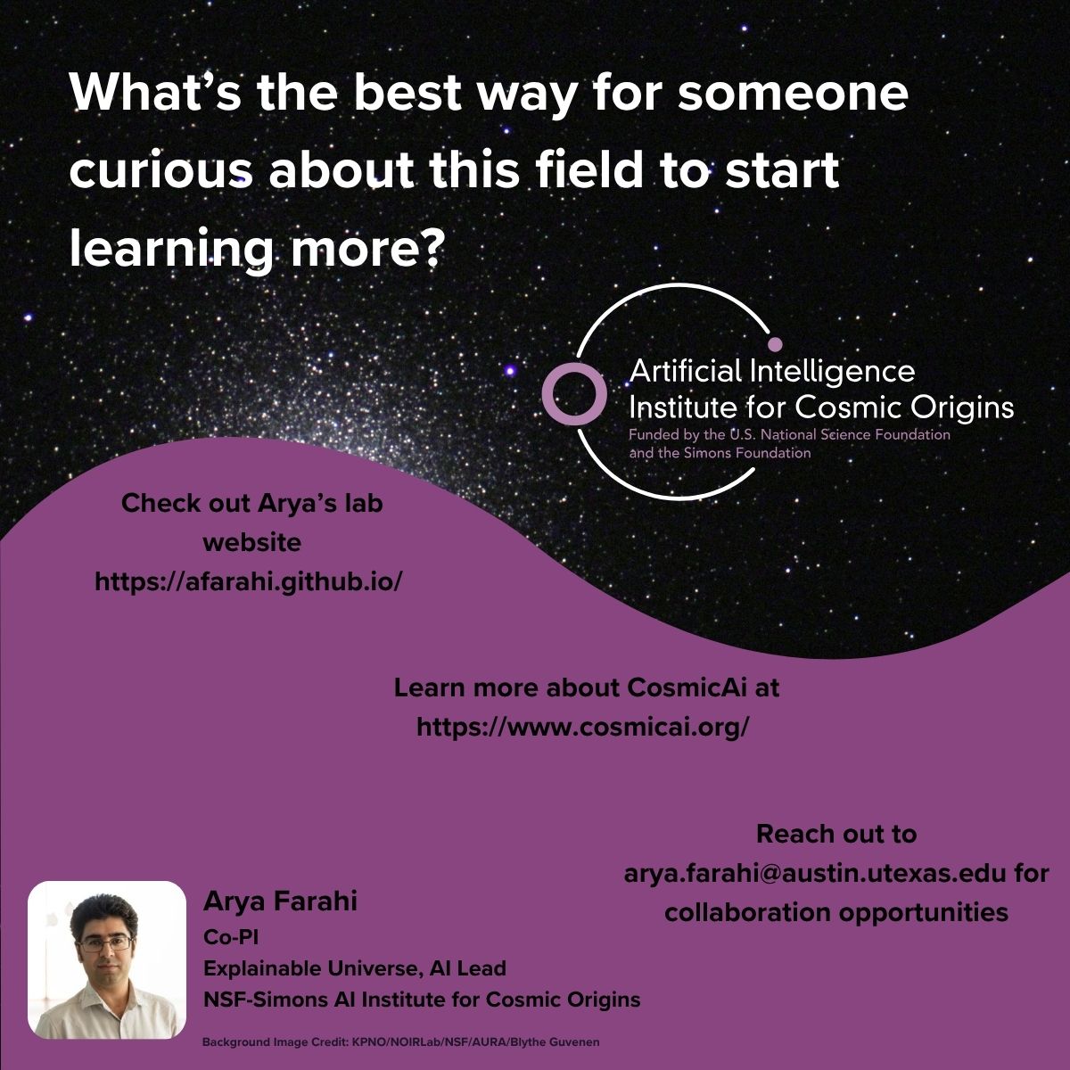 CosmicAI_Inst's tweet image. Team Member Highlight! Arya Farahi, an assistant professor of statistics &amp;amp; data sciences at @UTAustin is the director of the D3 Research Lab and the AI lead of the Explainable Universe team. His research focuses on developing AI methodologies to accelerate scientific discovery.