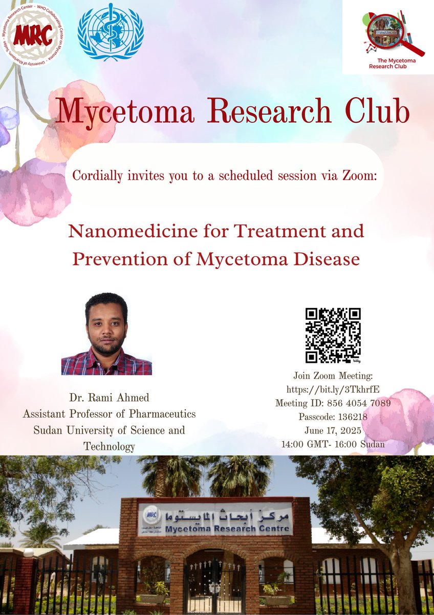 MycetomaRC's tweet image. π The Mycetoma Research Club is back! π
Join us for a special session on nanomedicine & mycetoma with Dr. Rami Ahmed.
π June 17, 2025
π 14:00 GMT
π Zoom
π Donβt miss this dive into the future of #Mycetoma research!
