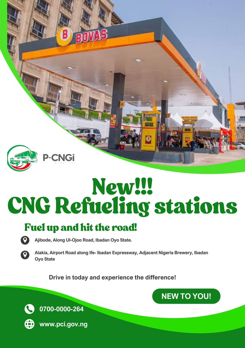 The Presidential Compressed Natural Gas Initiative (PCNGI) is proud to announce the opening of two new BOVAS refueling stations in Ibadan, Oyo State

📍 Ajibode – UI–Ojoo Road
📍 Alakia – Airport Road, along Ife–Ibadan Expressway

These new stations mark a step forward in