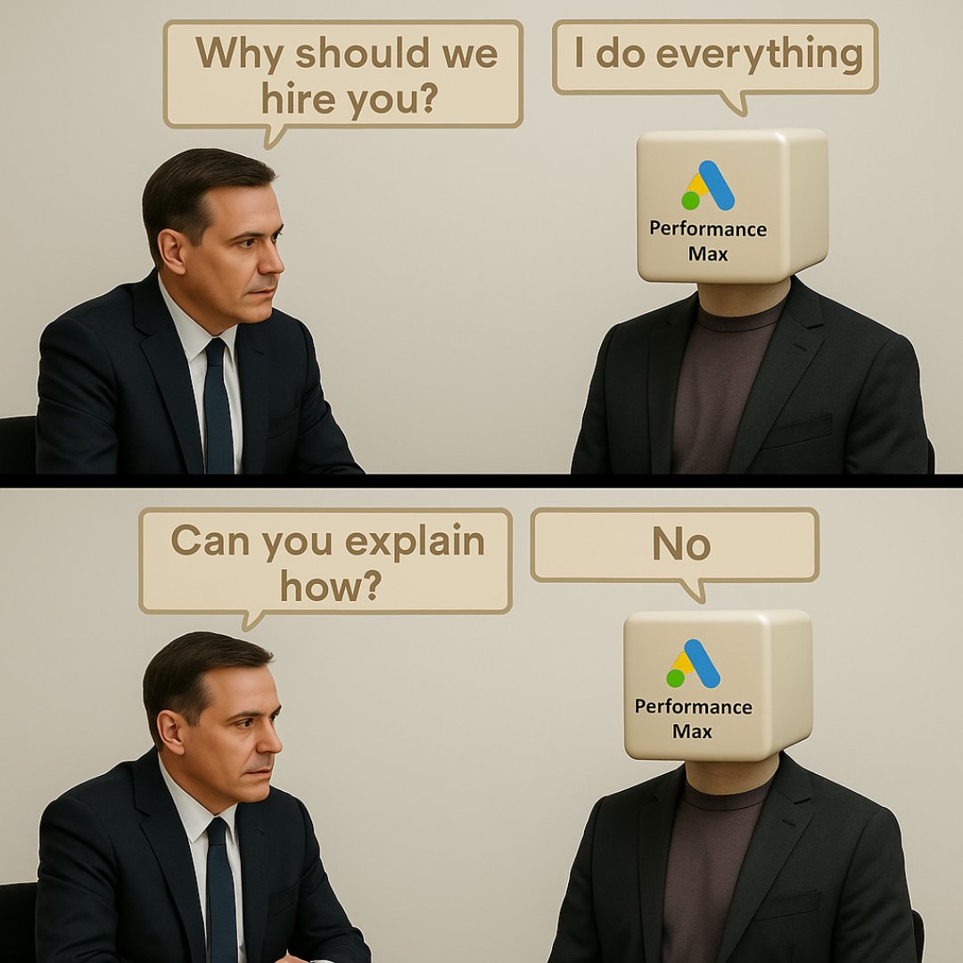 siliconvallaeys's tweet image. Considering Performance Max for your account?

“I do everything... but don&apos;t ask exactly how.”

#PPC #GoogleAds #PerformanceMax #DigitalMarketing #AdTechHumor