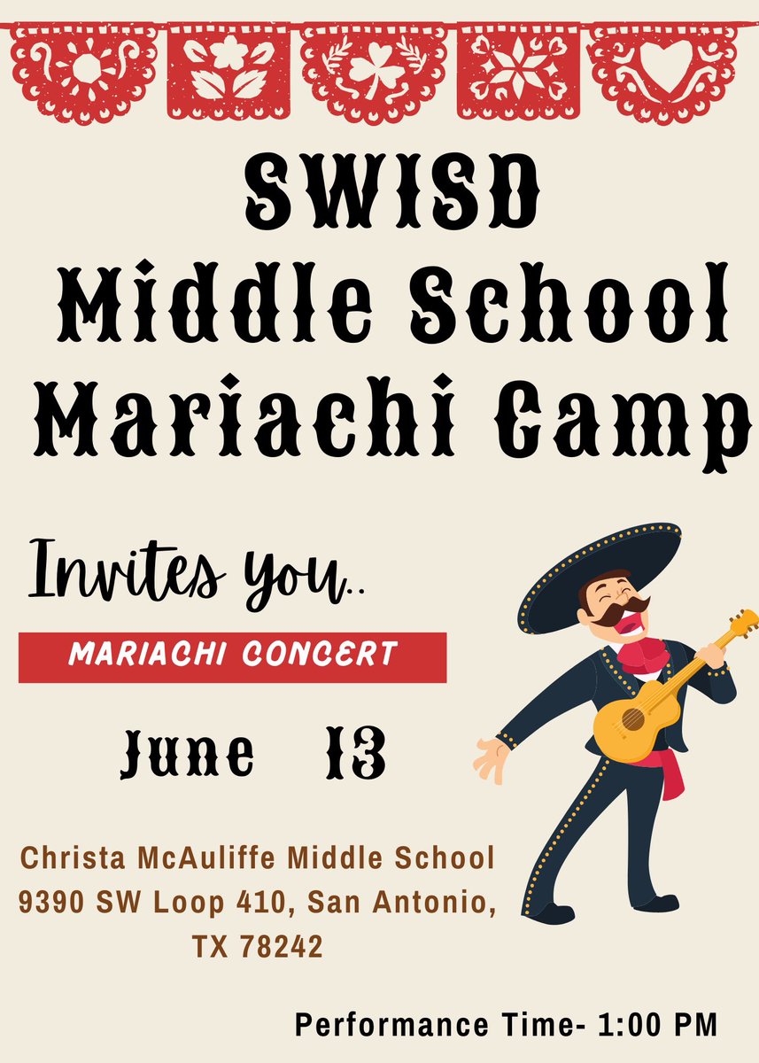 SWISD Fine Arts (@swisdfinearts) on Twitter photo Join us for the final concert by the SWISD Fine Arts Academy middle school mariachi camp today at 1:00 at McAuliffe Middle School. In just 5 short days, these students have worked hard and prepared an excellent concert for friends and family. <a href="/swisd/">Southwest ISD</a> Join us for the final concert by the SWISD Fine Arts Academy middle school mariachi camp today at 1:00 at McAuliffe Middle School. In just 5 short days, these students have worked hard and prepared an excellent concert for friends and family. <a href="/swisd/">Southwest ISD</a>