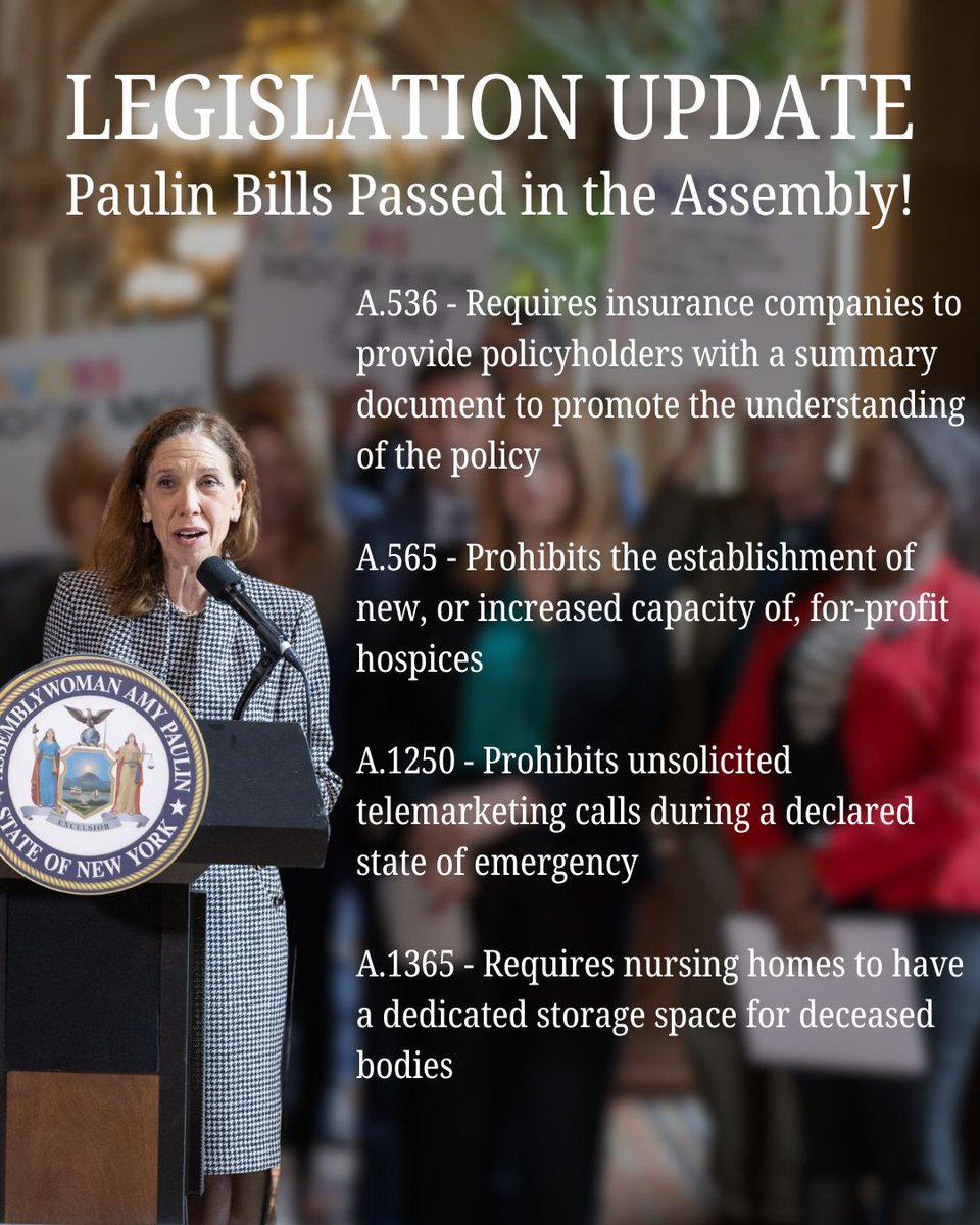 AmyPaulin's tweet image. Several more of my bills have passed in the Assembly! As we near the end of the legislative session in Albany, I continue to work hard to pass legislation that matters to New Yorkers. 💪
