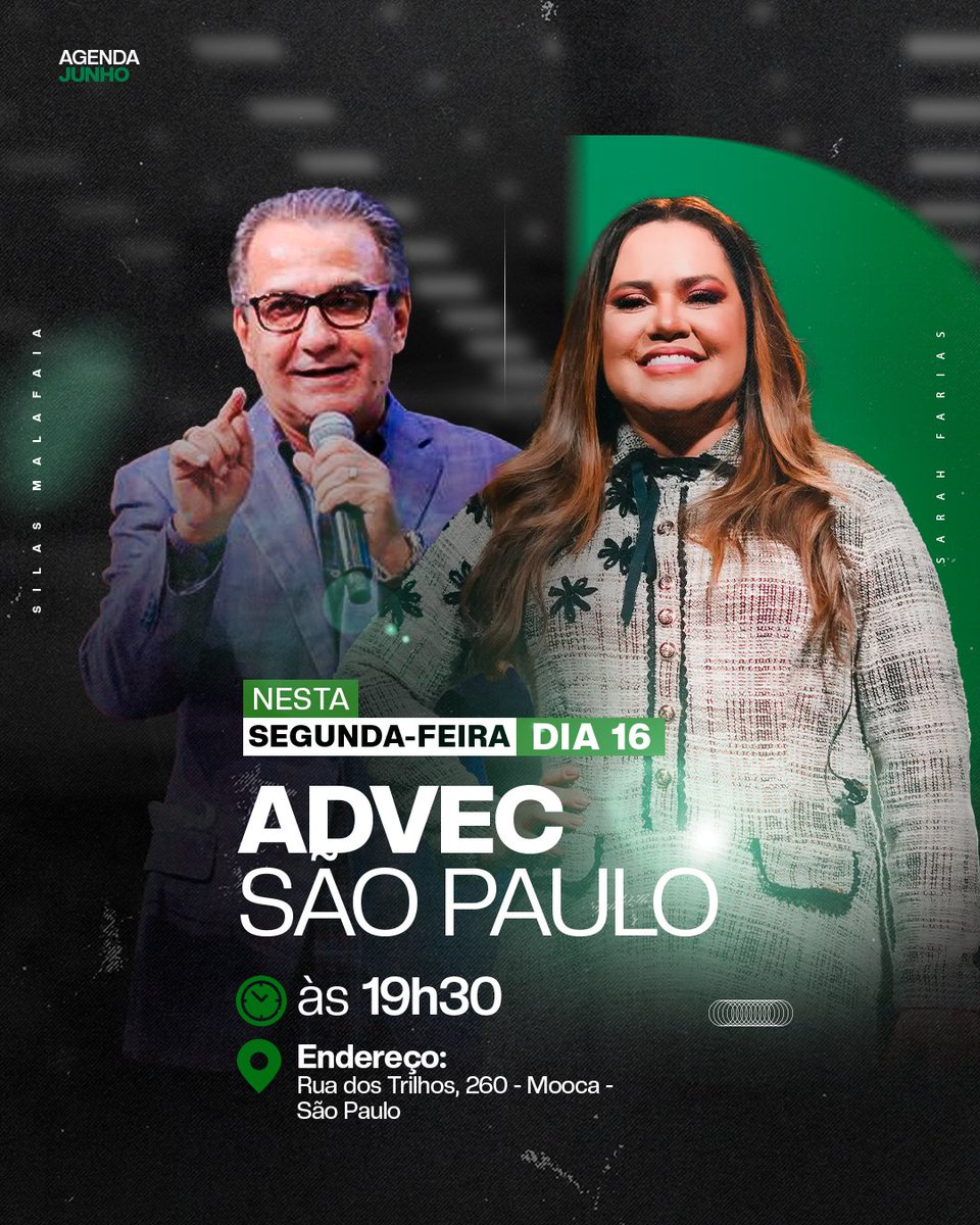Minha gente, amanhã, dia 15, eu prego na ADVEC Santo André, às 18h30, e o louvor vai ser ministrado pela Eyshila. 

Na segunda, dia 16, eu estarei na ADVEC São Paulo, às 19h30, e o louvor será com a Sarah Farias. Participe e convide mais pessoas para irem com você!
