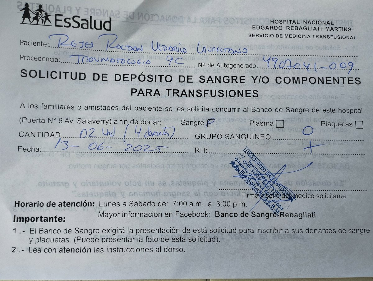 ReyesGleb's tweet photo. Buenos dias...
Mi padre, paciente oncológico, ha sufrido un accidente severo y necesita operarse de la cadera...
Para ello se necesita 4 donantes de sangre...
Espero de su ayuda, la famila Reyes Montes se lo agradecerá mucho. https://t.co/SYpQRm6R1H