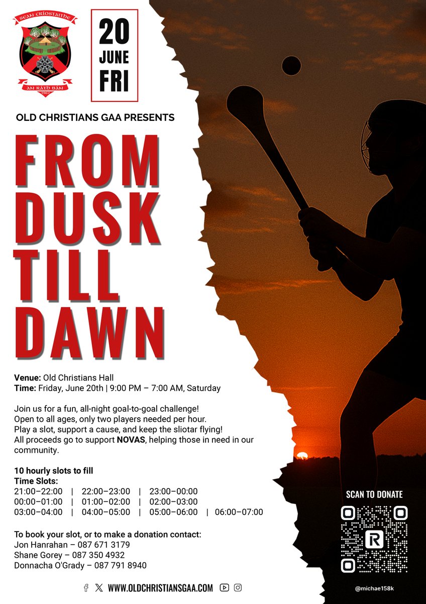 Lights on, game on!
Join Old Christians GAA for From Dusk Till Dawn — an all-night goal-to-goal fundraiser for NOVAS, Fri, June 20 @ 9 PM–7 AM.
Legends like Hartigan, Hegarty, Carey &amp; more in attendance!
Book: Jon 0876713179 | Revolut @michael158k

#GAA #Limerick