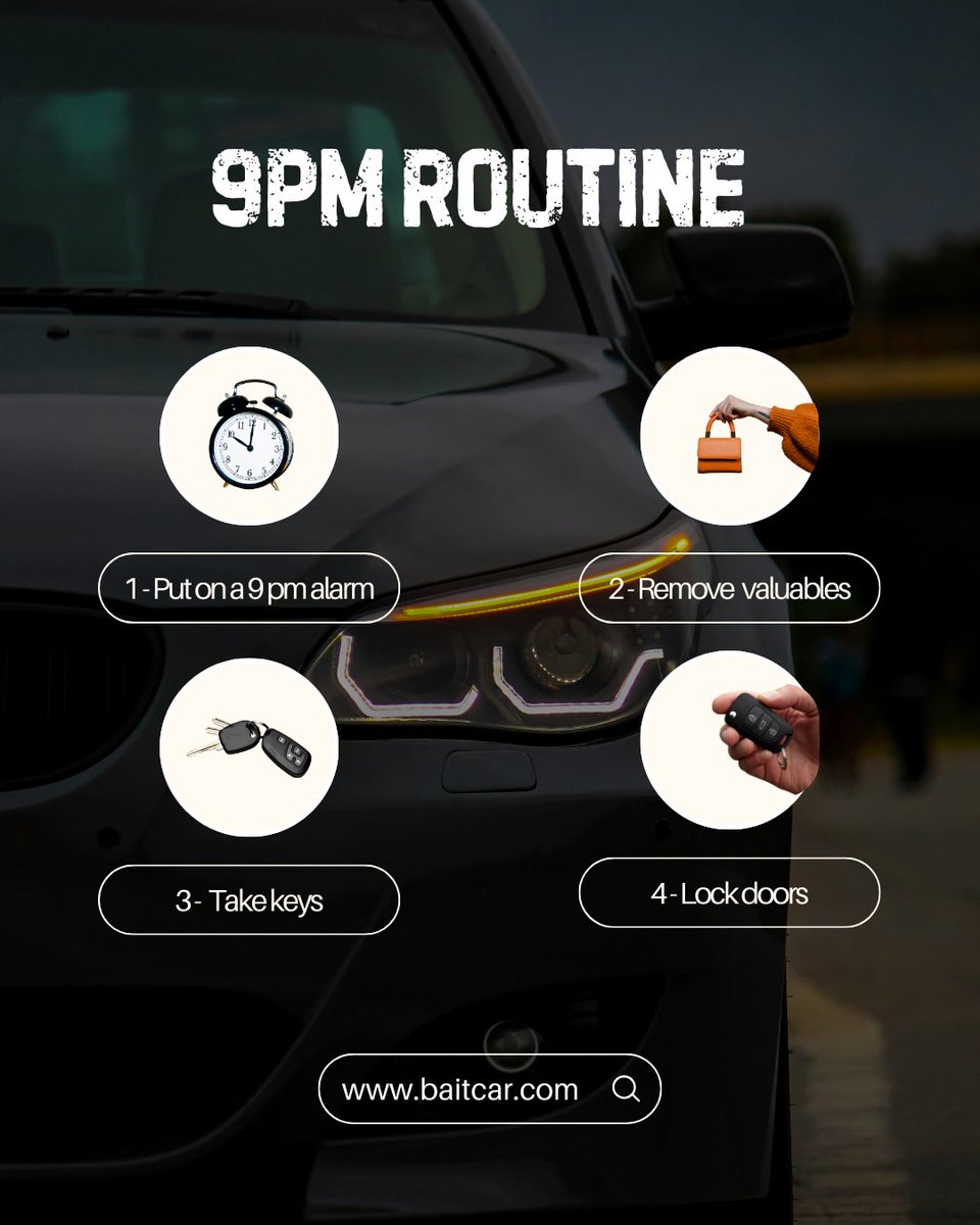 Do you participate in the 9 p.m. routine? It’s a great way to keep your vehicle secure. Leave no valuables in plain sight, windows rolled up, and doors locked.

Set your 9 p.m. reminder now! #9pmroutine #autocrimeprevention #impact #vehiclesafety