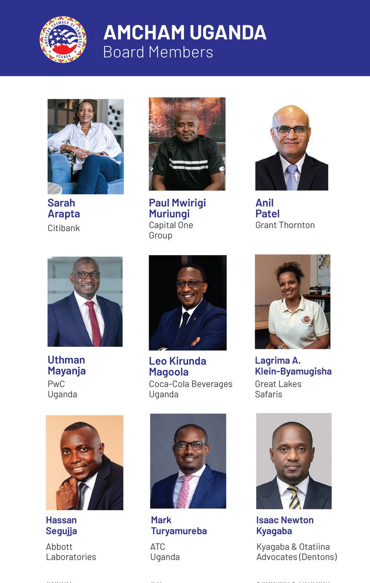 Meet our newly elected Board Members! 

Huge thanks to everyone who participated in the election &amp; helped shape our organization's future.

We're excited to work together to achieve great things.

#AmChamUg
#AGM2025