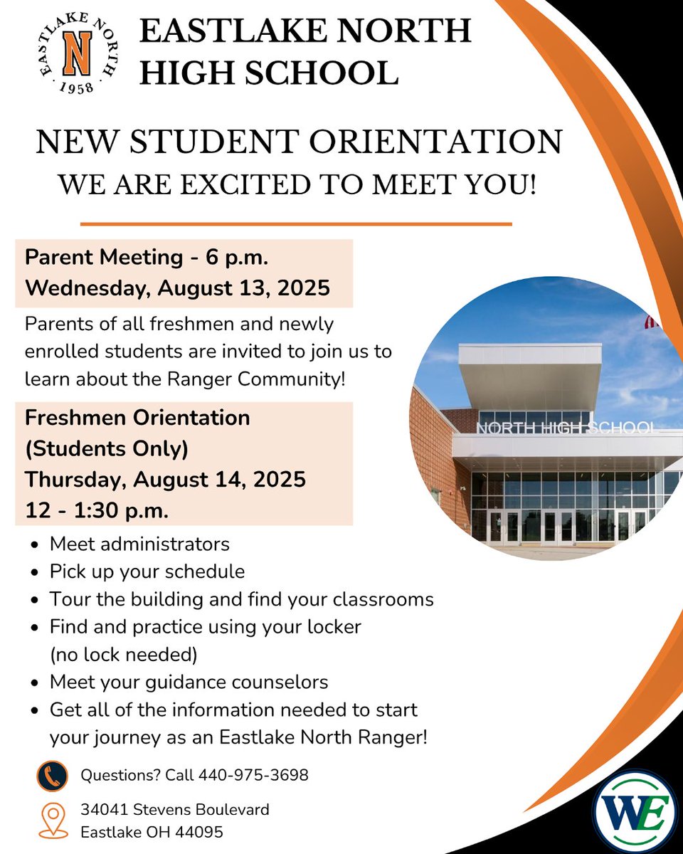 🧡🖤 Save the dates for a Parent Meeting and Freshmen Student Orientation at Eastlake North High School! #mychoicewilloughyeastlake #WEareonthemove
