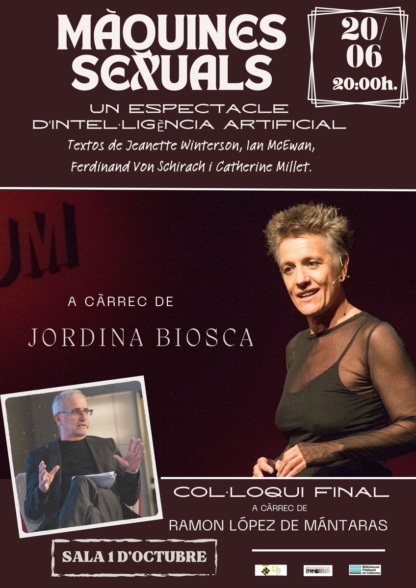 bplinyola's tweet image. 🔳Acte cloenda del #PrimaveraCulturalLinyola2025:
▪️”Màquines sexuals”
✔️espectacle de narració oral a càrrec de Jordina Biosca.
✔️amb textos de J. Winterson, I.McEwan, F. Von Schirach i C. Millet.
▪️Col.loqui final conduït per Ramon López de Mántaras
#intelligènciaartificial