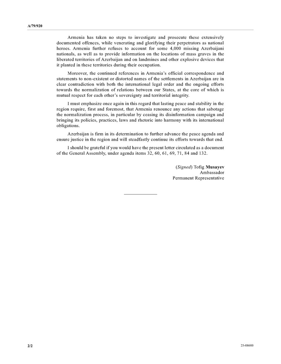 Azerbaijan UN 🇦🇿 (@azmissionun) on Twitter photo The letter from the Permanent Representative of Azerbaijan Amb. <a href="/TofigMusayev/">Tofig Musayev</a> addressed to the <a href="/UN/">United Nations</a> Secretary-General was published as a document of the U.N. General Assembly (A/79/920), in reply to the earlier communication from the Permanent Representative of Armenia (A/79/906). The letter from the Permanent Representative of Azerbaijan Amb. <a href="/TofigMusayev/">Tofig Musayev</a> addressed to the <a href="/UN/">United Nations</a> Secretary-General was published as a document of the U.N. General Assembly (A/79/920), in reply to the earlier communication from the Permanent Representative of Armenia (A/79/906).