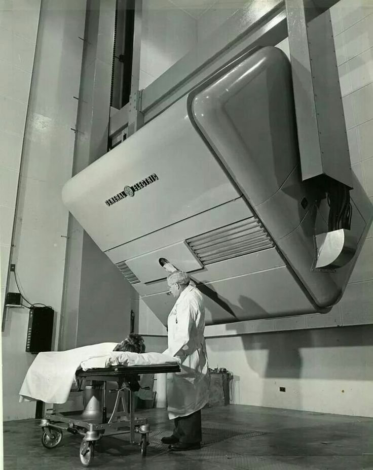 sci_fi_infra's tweet image. Patient receiving radiation treatment at the University of California Medical Center in the 1950s