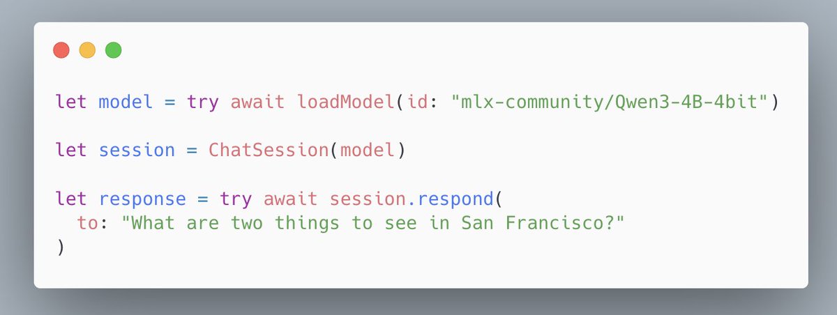We heard developer feedback on Monday that the MLX Swift LLM API is hard to get started with. So we went to work. We made a new and improved streamlined API. 

Now 3 lines to load an LLM or VLM and start a chat session in a Swift project.

Happy last day of #WWDC25 !