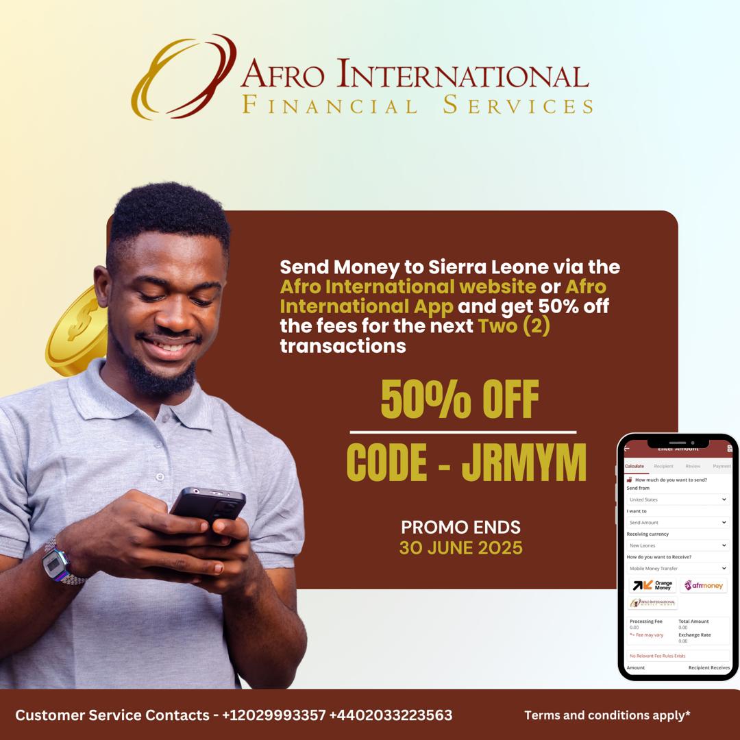 50% off Money Transfer Fees - Next 2 Transactions - mailchi.mp/afroint/50x2-o… 
#sierraleone #sierraleoneans #salone #sierraleonean #sierraleone🇸🇱 #AfroMobileMoney #AfroInternational #fastandsecure #MoneyTransfer