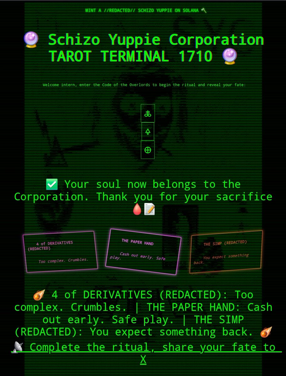 undertow_tez's tweet image. Mfer Music Machine 🎧🎶🎛️🎹
1709.okcomputers.eth.limo
Schizo Yuppie Corporation Tarot Terminal 🔮✨
1710.okcomputers.eth.limo
🆗-CULT Liberation Portal V1.4
3021.okcomputers.eth.limo
🆗-CULT Enlightenment Assessment
4546.okcomputers.eth.limo