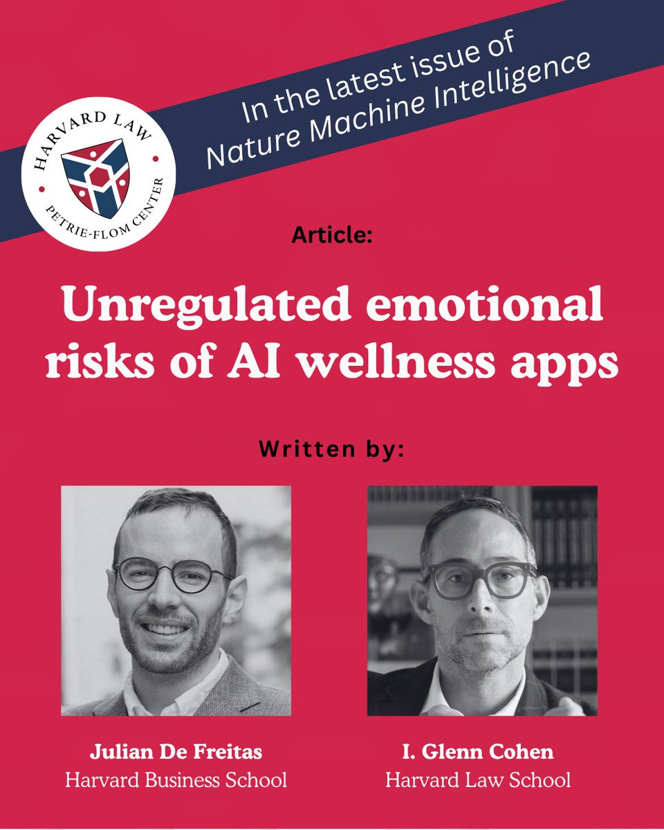 New <a href="/CohenProf/">I. Glenn Cohen</a> article in <a href="/Nature/">nature</a> Machine Intelligence examines unregulated emotional risks of AI wellness apps nature.com/articles/s4225…